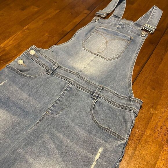 Calvin Klein Girls Distressed Stretch Denim Short Bib Overalls Size L 12/14 - Picture 3 of 11
